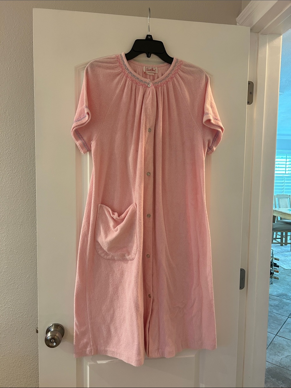 Classic Pink Short-Sleeve Button-Front Nightgown with Pocket